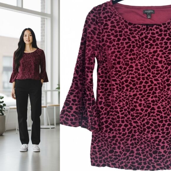 Talbots Velvet Burnout Bell Sleeve Top Women S Petite Burgundy Leopard Print - Picture 1 of 9